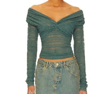 Free People Hold Me Closer Long Sleeve Lace Top Silver Pine Size XS